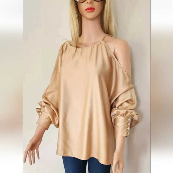 ZARA GOLD RHINESTONES BUTTONS SILKY FLOWY SATIN BLOUSE ONE SHOULDER TOP SMALL S - Picture 4 of 12